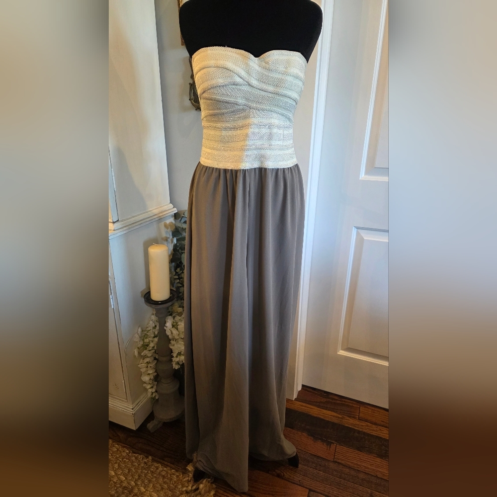 MARINEBLU Strapless Formal Cream/Gray Wide Leg Jumpsuit Women's L Neutral